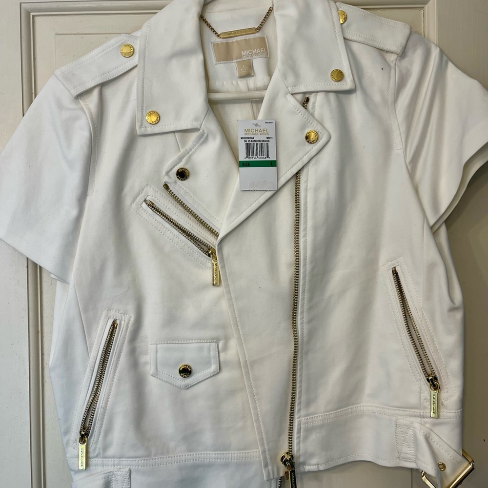 Michael Kors White Leather Jacket with Gold Accents